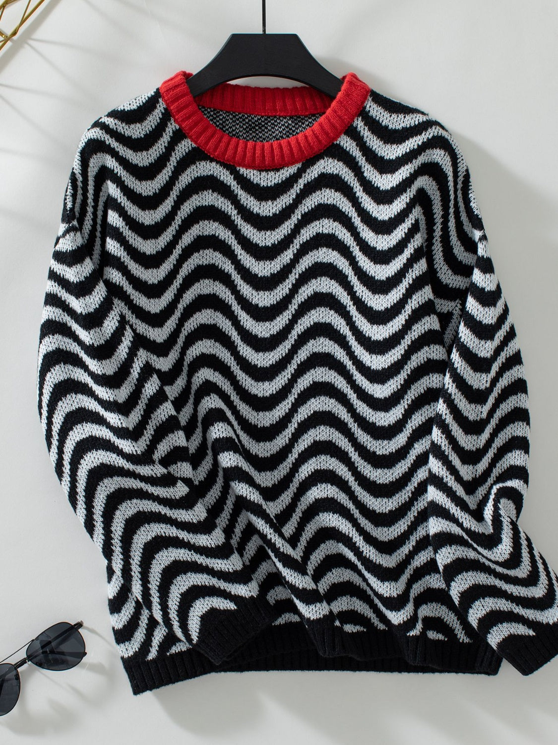 Wavy Stripes Round Neck Long Sleeve Sweater-Angel Casuals