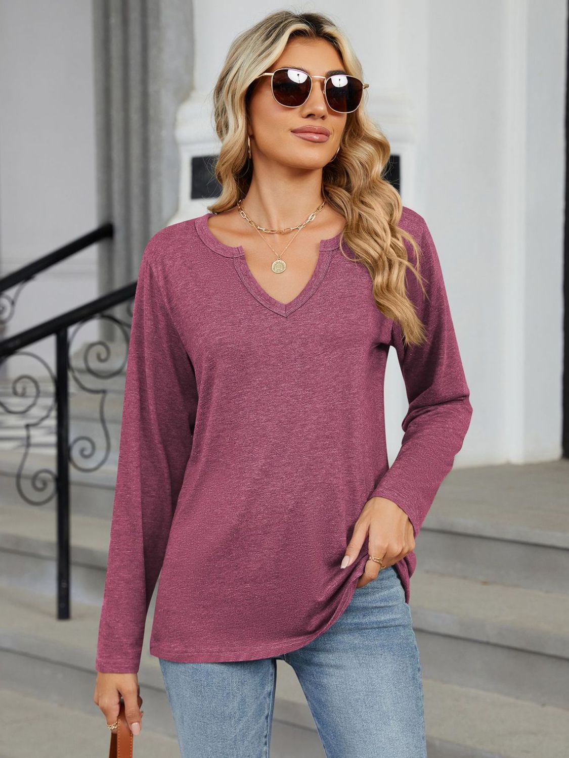 Notched Long Sleeve T-Shirt-Angel Casuals