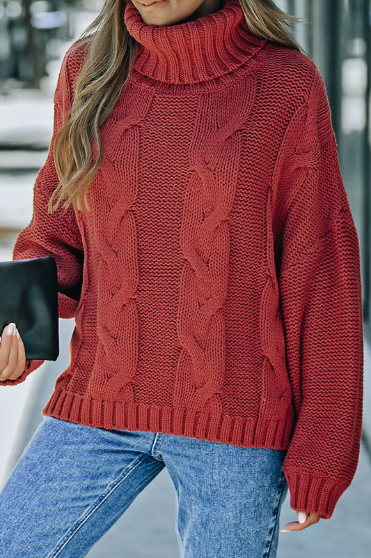 Cable-Knit Turtleneck Dropped Shoulder Sweater-Angel Casuals