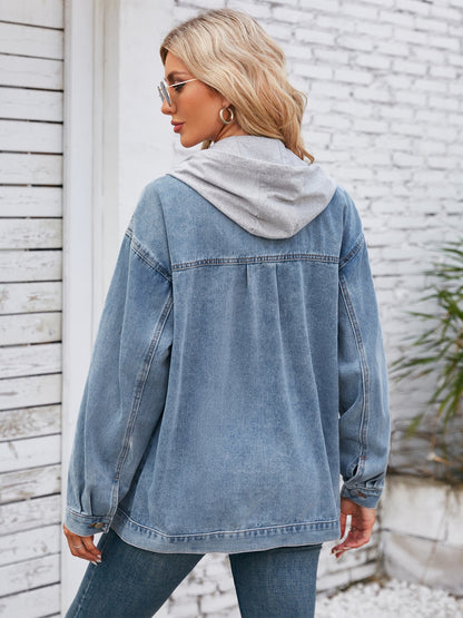Pocketd Button Up Detachable Hooded Denim Jacket-Angel Casuals