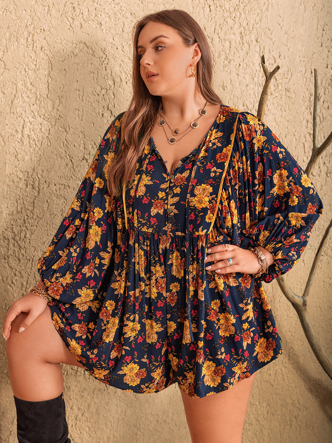 Plus Size Floral Tie Neck Balloon Sleeve Romper-Angel Casuals