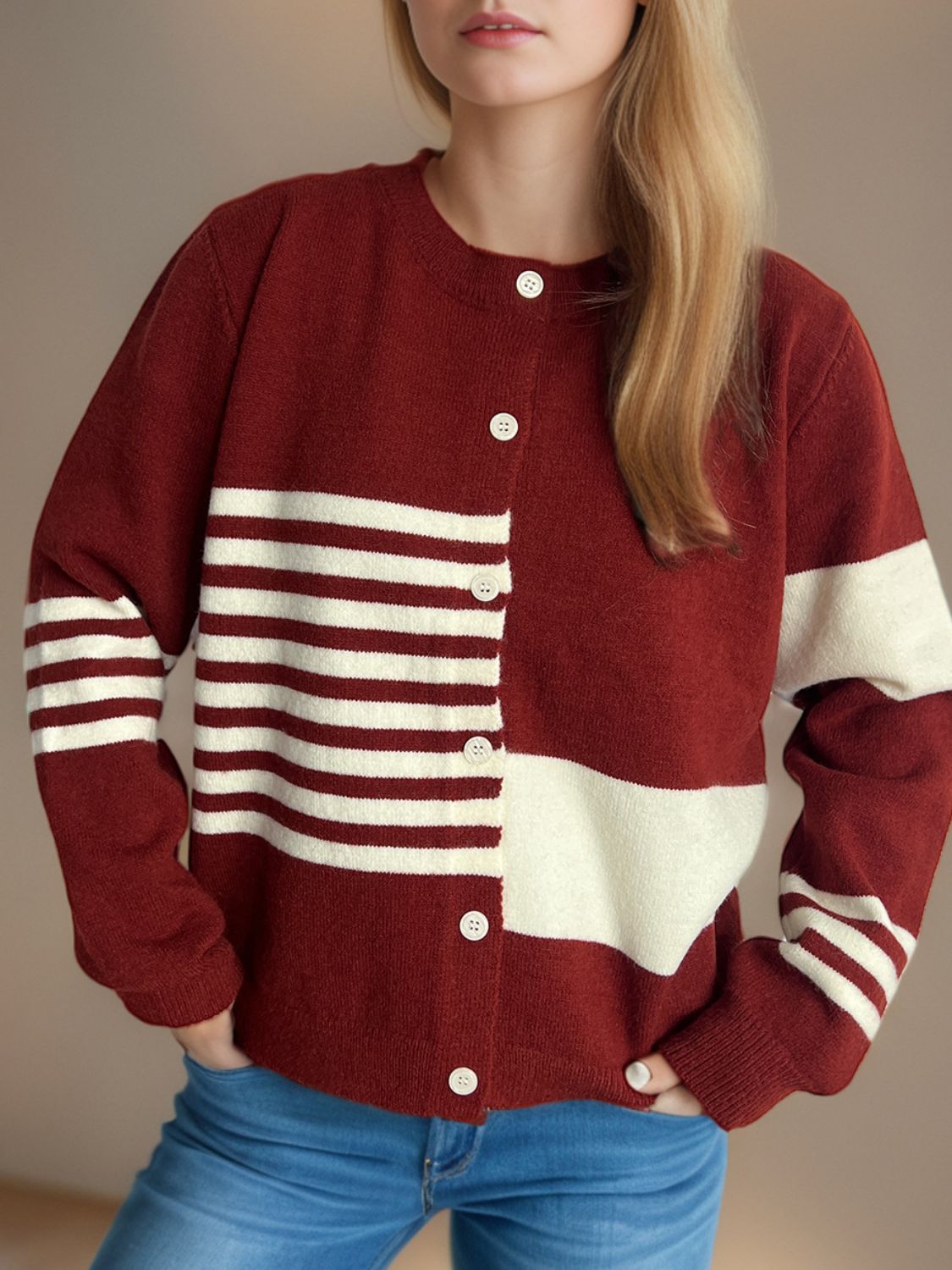Striped Color Block Round Neck Cardigan-Angel Casuals