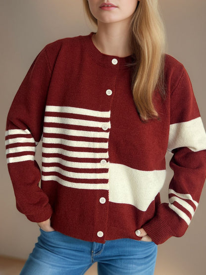 Striped Color Block Round Neck Cardigan-Angel Casuals