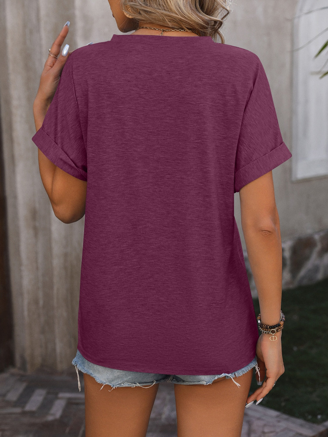 Notched Buttoned Short Sleeve T-Shirt-Angel Casuals