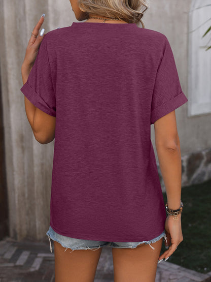 Notched Buttoned Short Sleeve T-Shirt-Angel Casuals