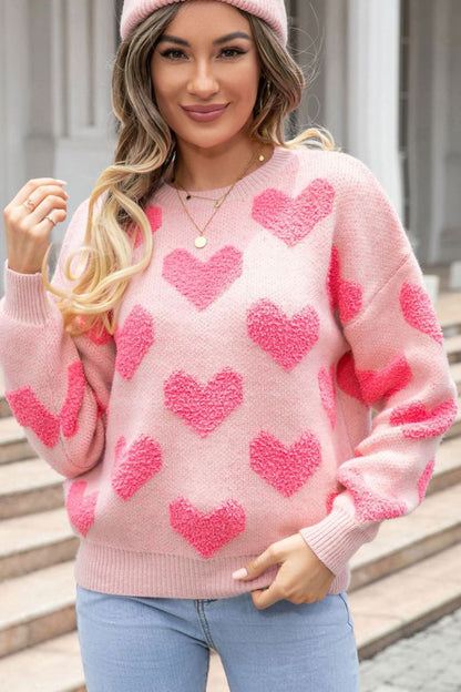 Valentine's Day Heart Jacquard Round Neck Sweater-Angel Casuals