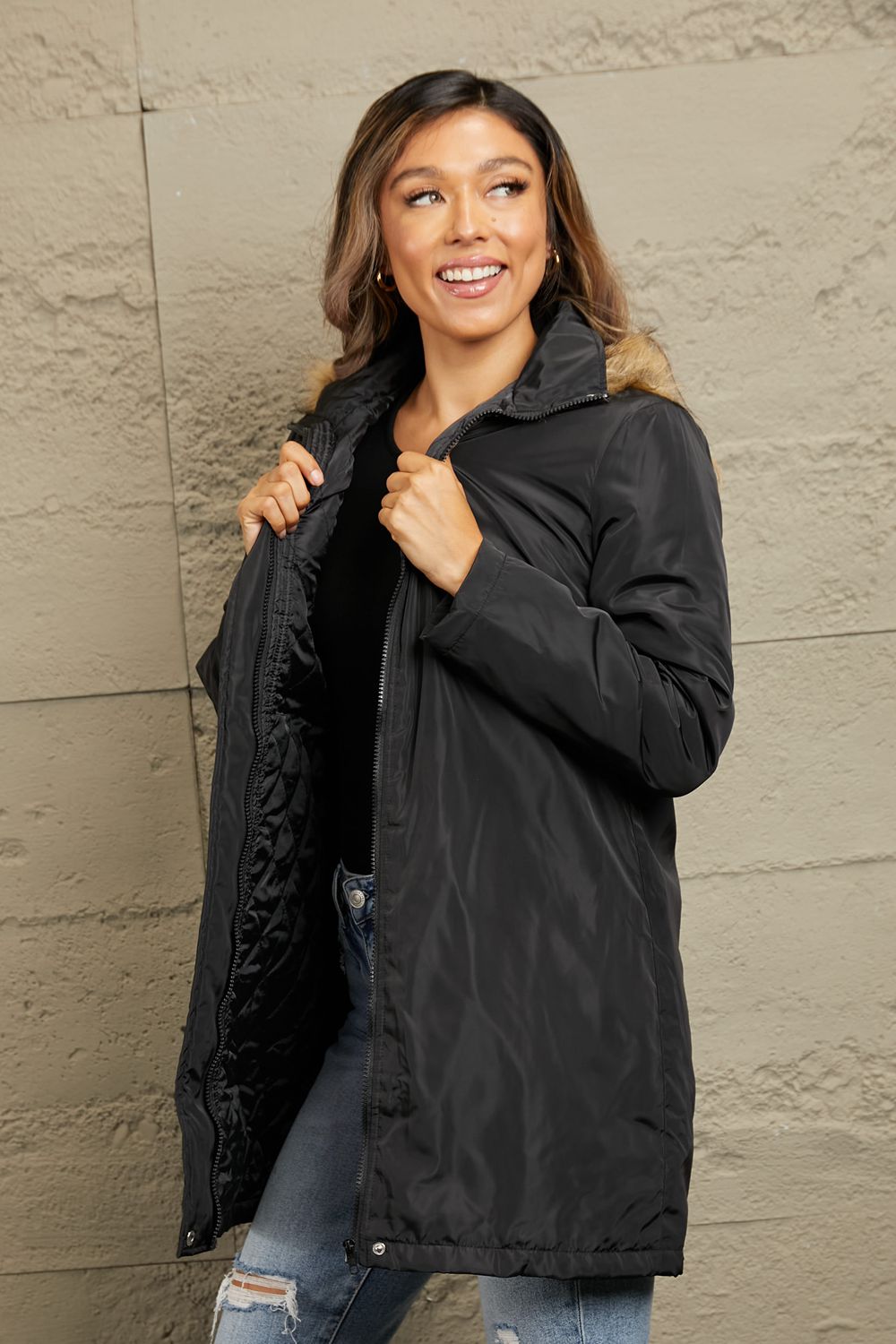 Faux Fur Trim Hooded Puffer Jacket-Angel Casuals