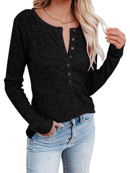 Round Neck Buttoned Long Sleeve T-Shirt-Angel Casuals