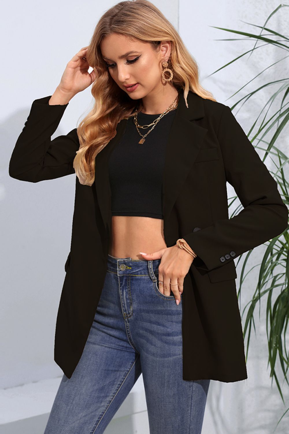 Lapel Neck Long Sleeve Blazer with Pockets-Angel Casuals