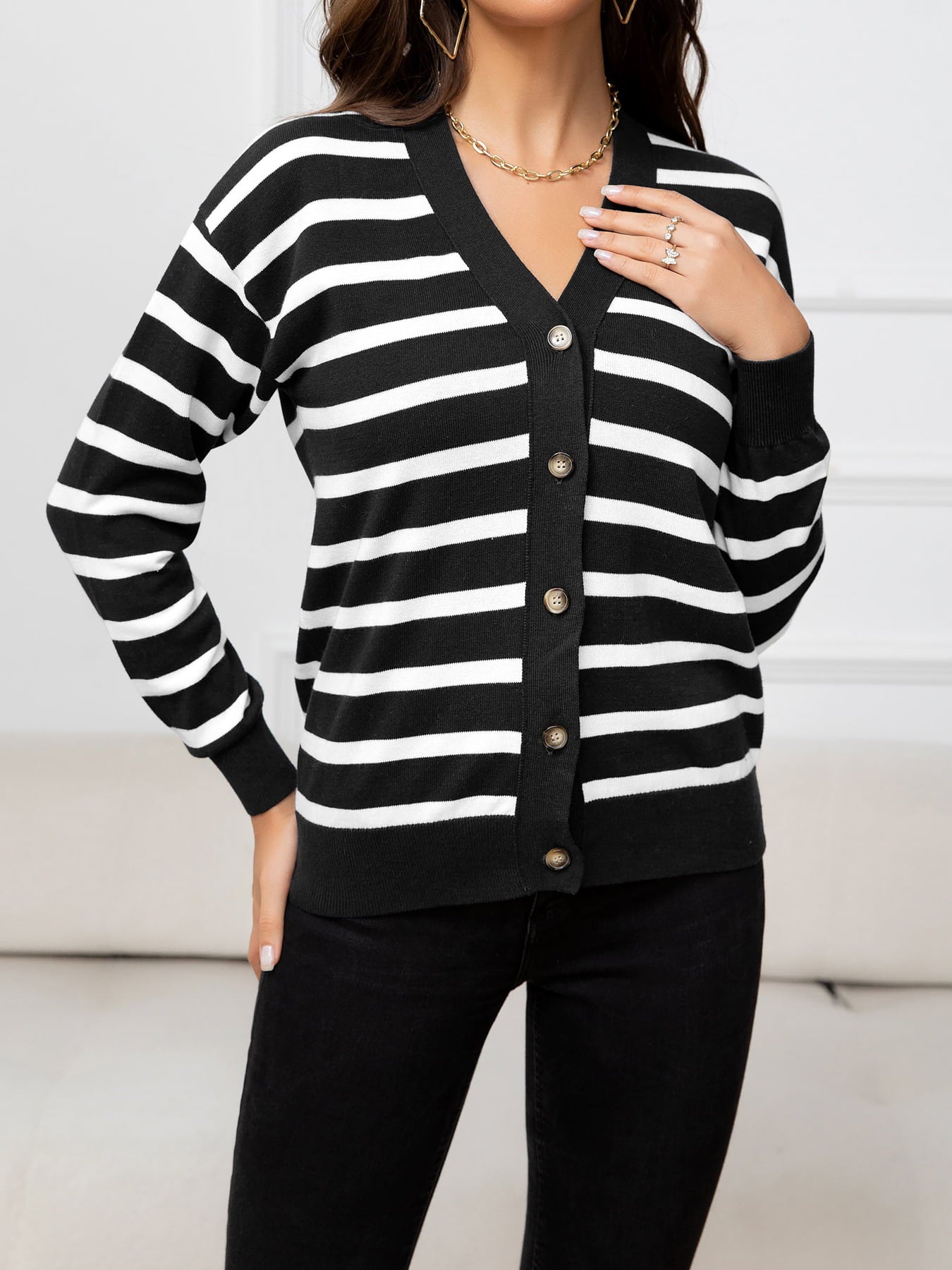 Striped Dropped Shoulder V-Neck Knit Top-Angel Casuals