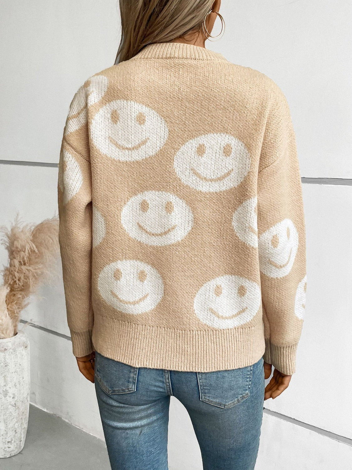 Smile Pattern Round Neck Long Sleeve Sweater-Angel Casuals