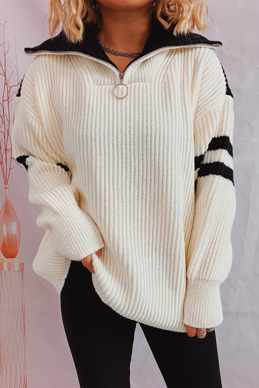 Quarter Zip Striped Dropped Shoulder Sweater-Angel Casuals