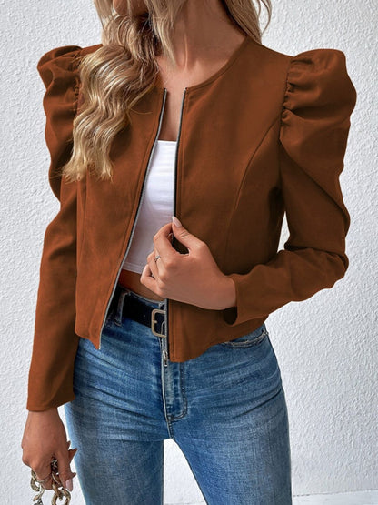 Zip Up Puff Sleeve Jacket-Angel Casuals
