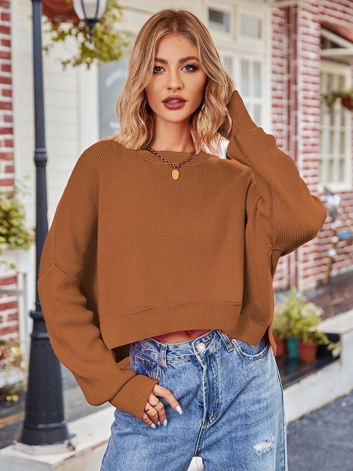 Dropped Shoulder Round Neck Long Sleeve Knit Top-Angel Casuals