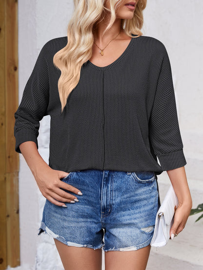 Textured Round Neck Three-Quarter Sleeve Blouse-Angel Casuals