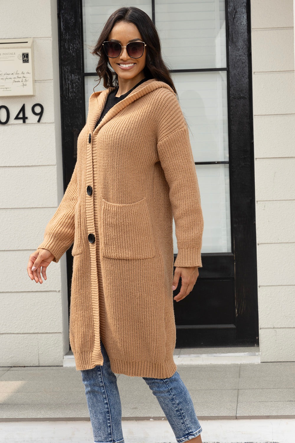 Button Up Long Sleeve Hooded Cardigan with Pockets-Angel Casuals