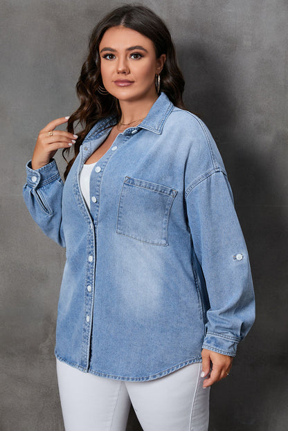 Plus Size Button Up Pocketed Denim Top-Angel Casuals