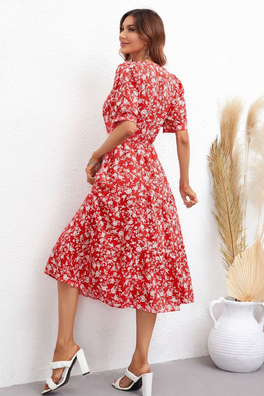 Floral Tie Waist Puff Sleeve Midi Dress-Angel Casuals