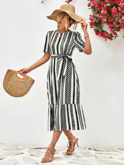 Striped Tie Belt Round Neck Puff Sleeve Dress-Angel Casuals