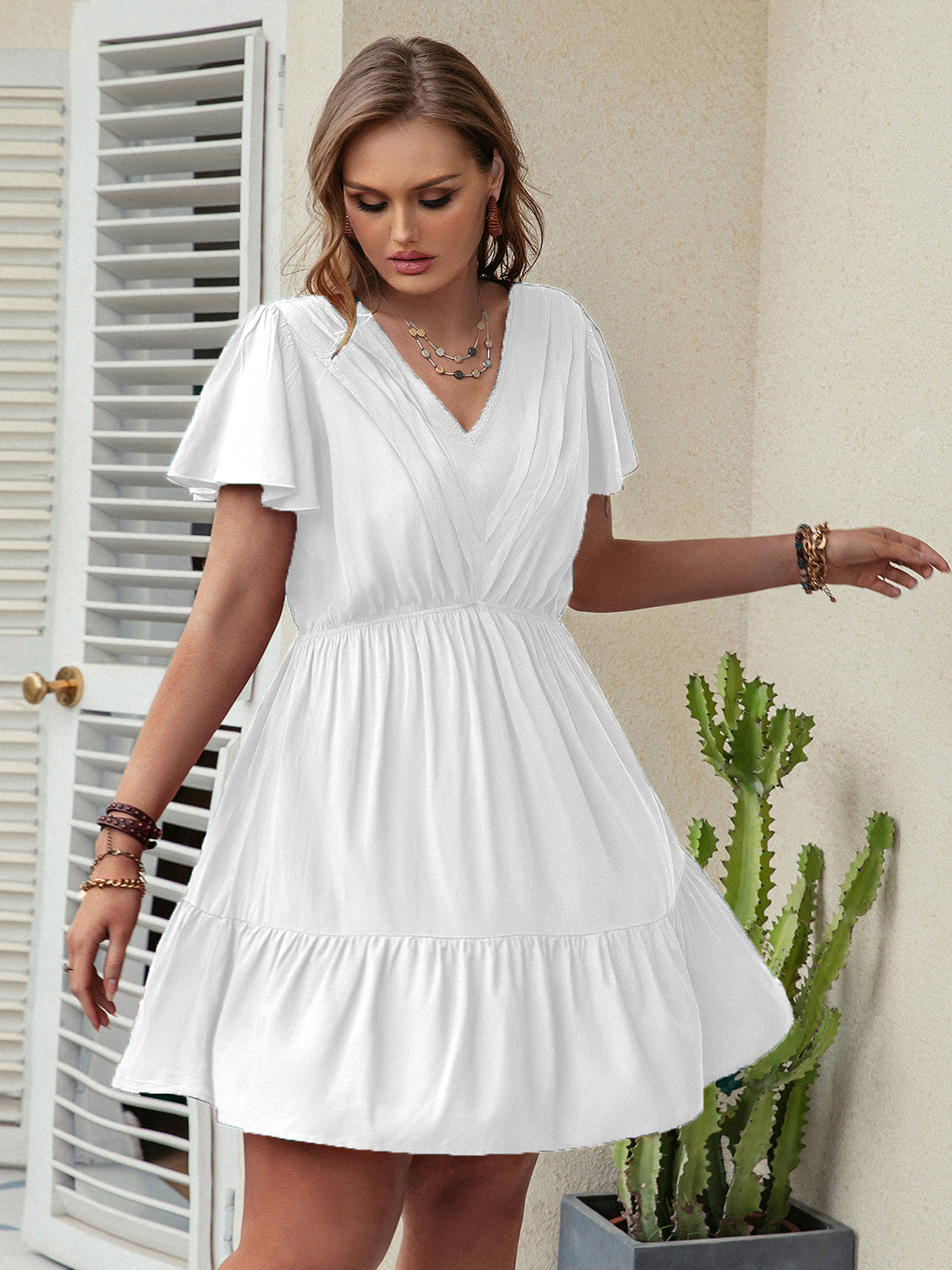 Plus Size Ruffle Hem V-Neck Short Sleeve Dress-Angel Casuals