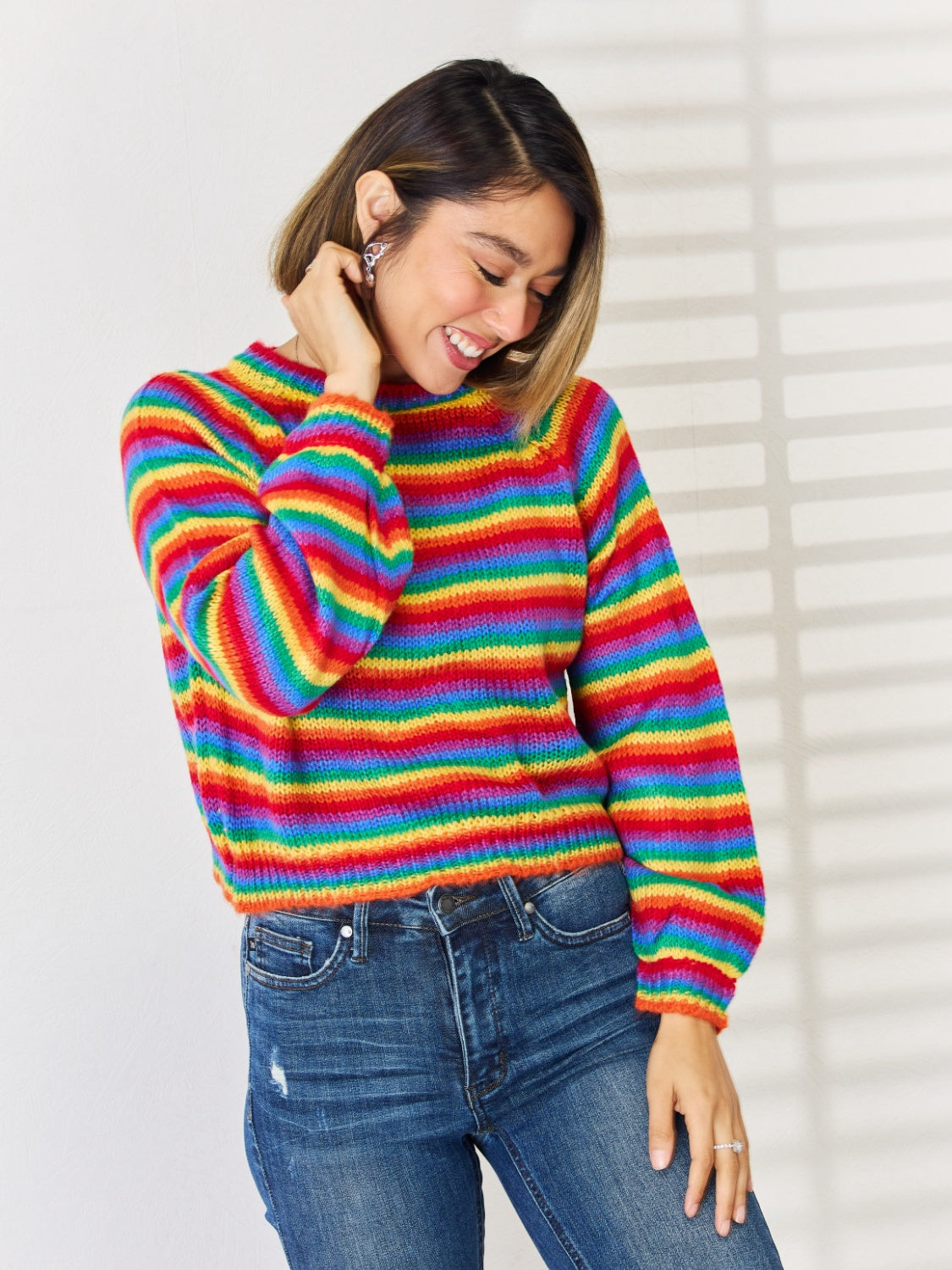 Striped Round Neck Long Sleeve Sweater-Angel Casuals