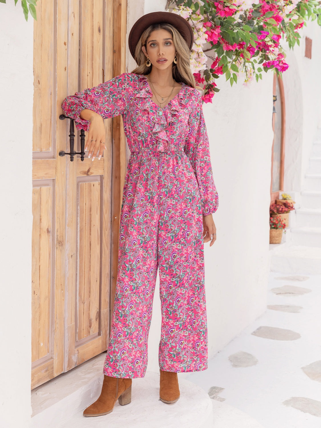 Printed Ruffled V-Neck Balloon Sleeve Jumpsuit-Angel Casuals