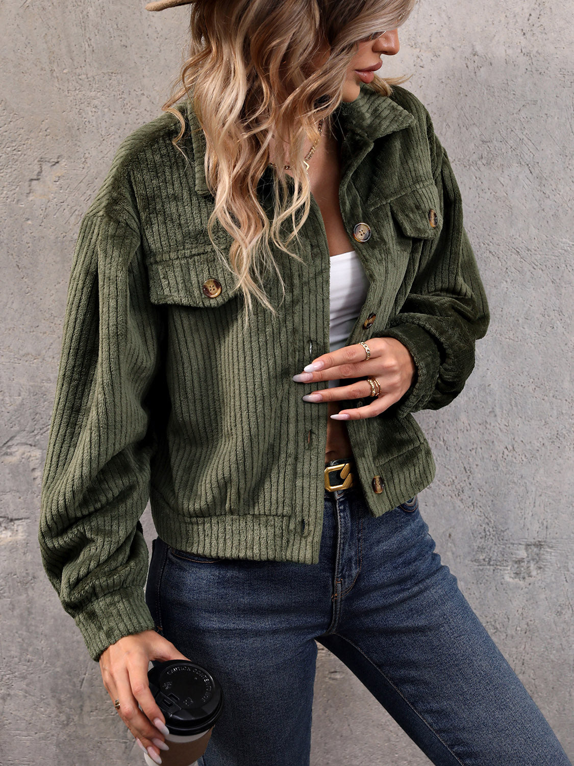 Perfee Collared Neck Button Front Jacket with Pockets-Angel Casuals