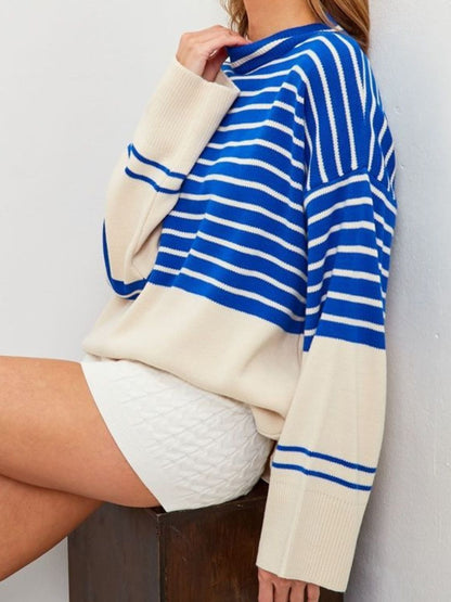 Striped Mock Neck Long Sleeve Sweater-Angel Casuals