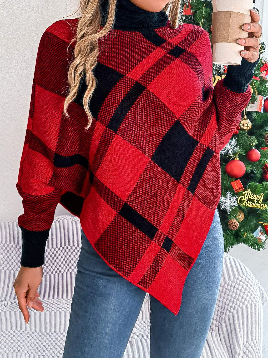 Plaid Turtleneck Batwing Sleeve Sweater-Angel Casuals