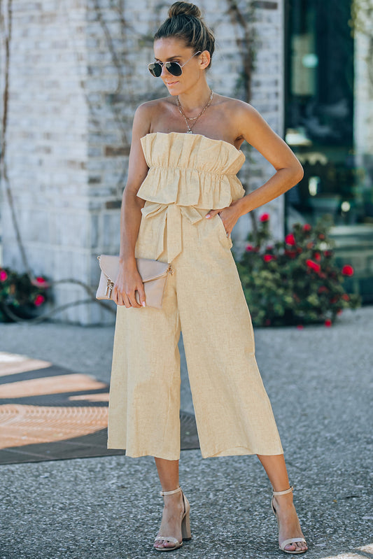 Ruffled Strapless Wide Leg Jumpsuit-Angel Casuals