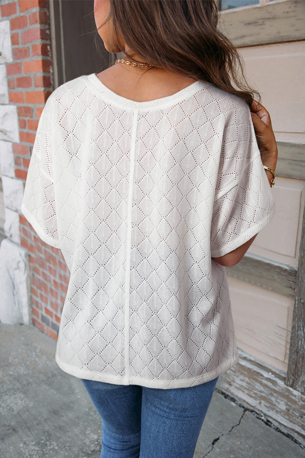Eyelet V-Neck Dropped Shoulder T-Shirt-Angel Casuals