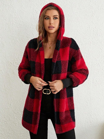 Plaid Long Sleeve Hooded Coat-Angel Casuals