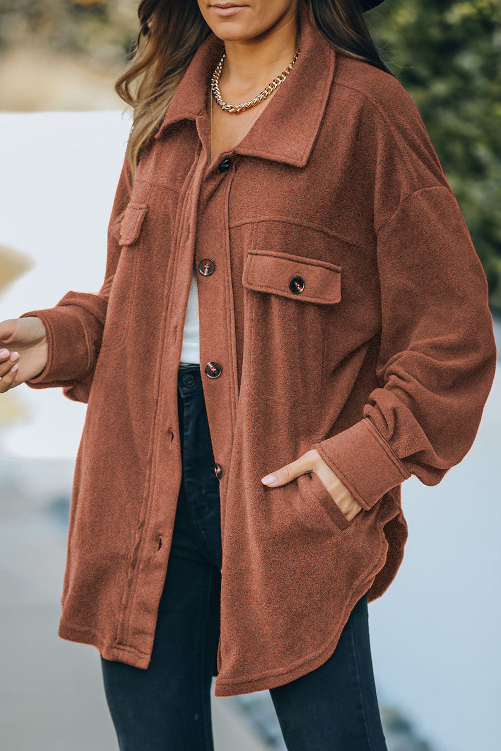 Button Up Collared Neck Long Sleeve Jacket-Angel Casuals