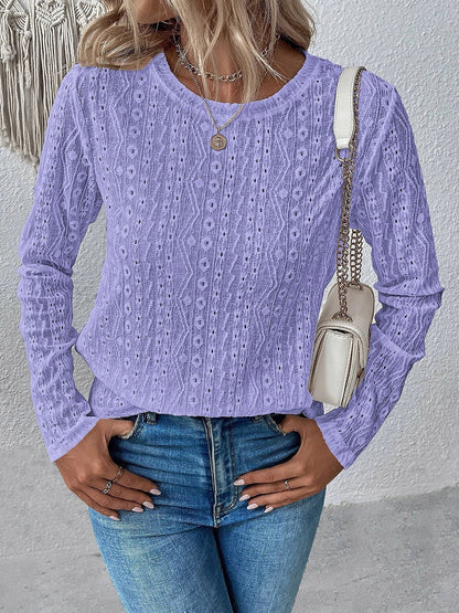 Eyelet Round Neck Long Sleeve Top-Angel Casuals