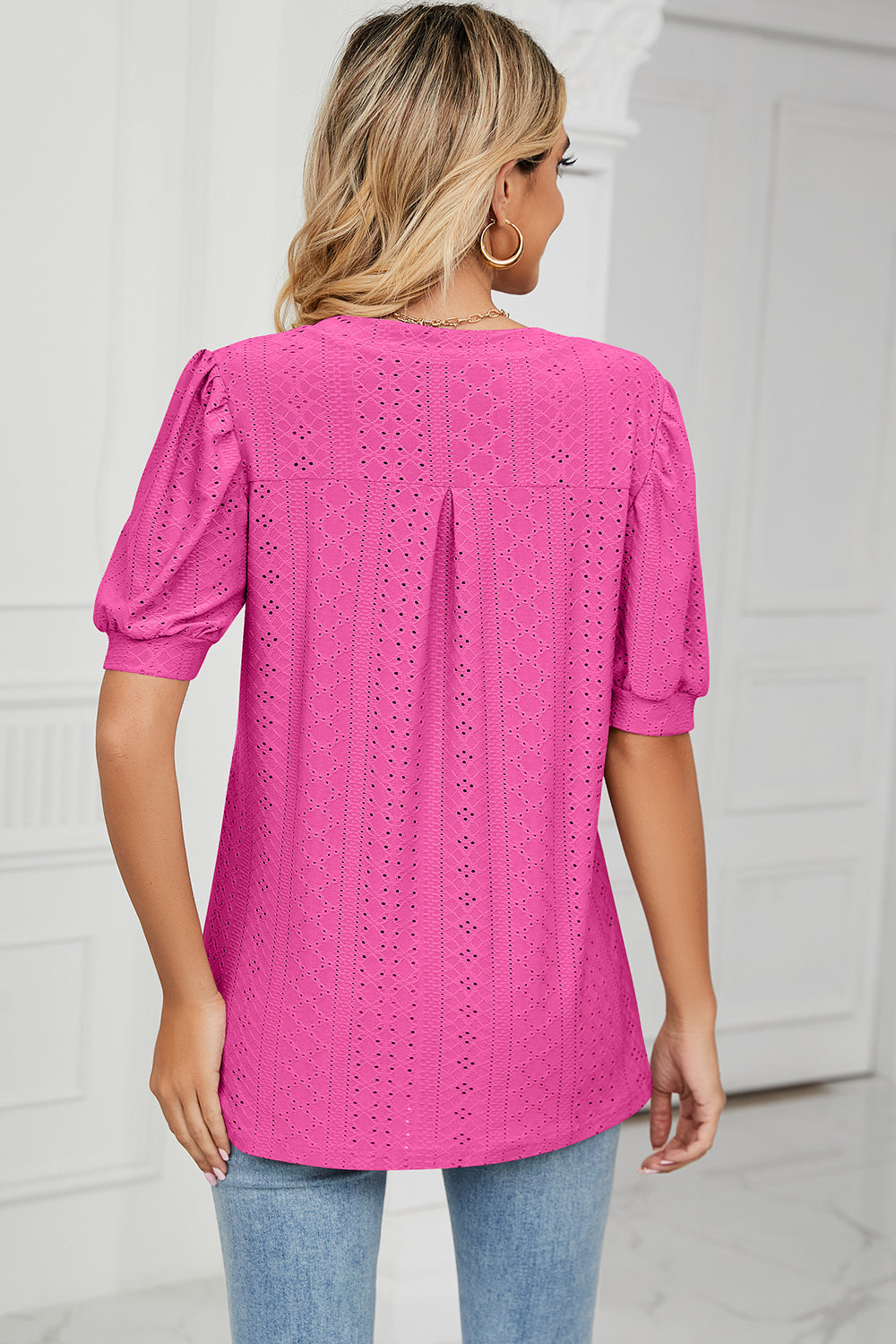 Eyelet Notched Short Sleeve T-Shirt-Angel Casuals