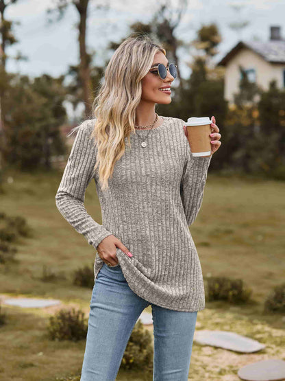 Ribbed Round Neck Long Sleeve Tee-Angel Casuals