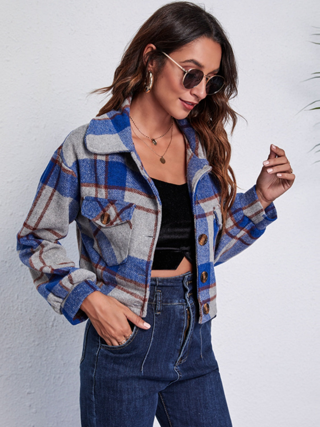 Plaid Button Front Jacket with Pockets-Angel Casuals