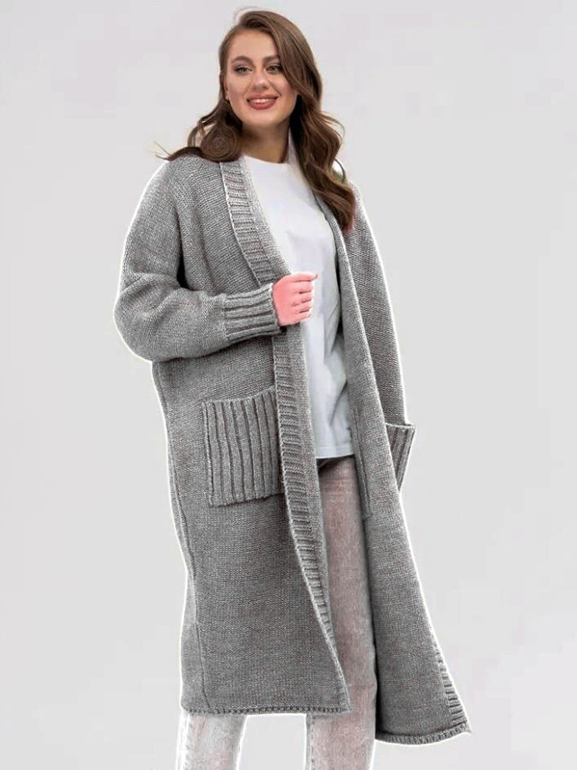 Pocketed Open Front Long Sleeve Longline Cardigan-Angel Casuals