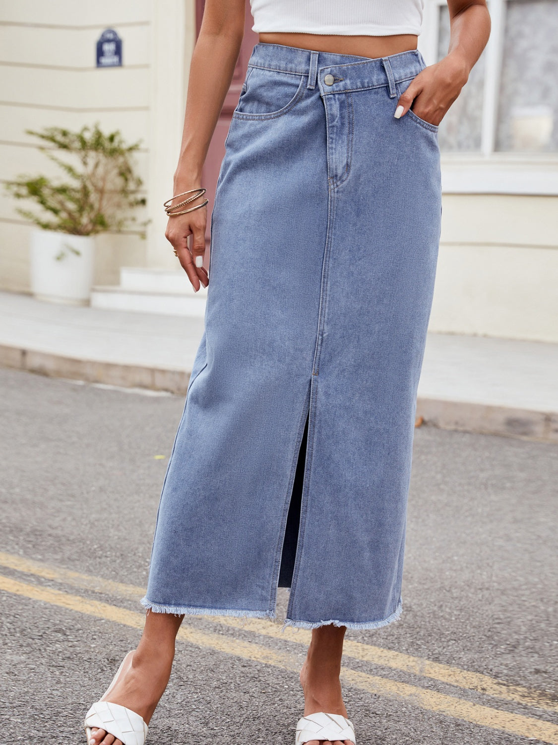 Slit Asymmetrical Waist Denim Skirt-Angel Casuals