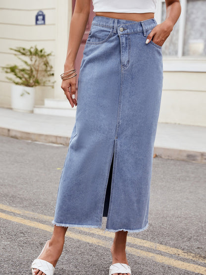 Slit Asymmetrical Waist Denim Skirt-Angel Casuals