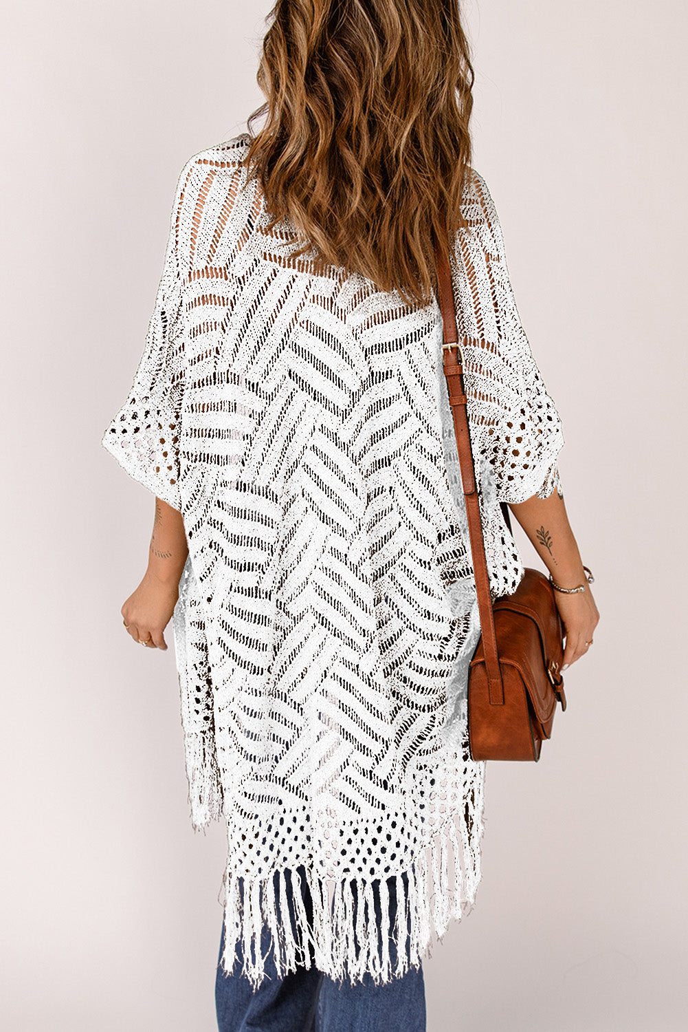 Openwork Open Front Cardigan with Fringes-Angel Casuals