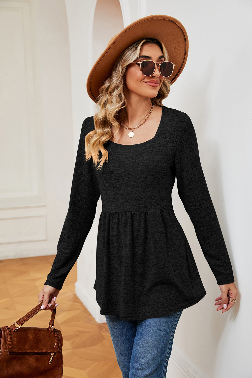 Square Neck Long Sleeve Peplum Top-Angel Casuals