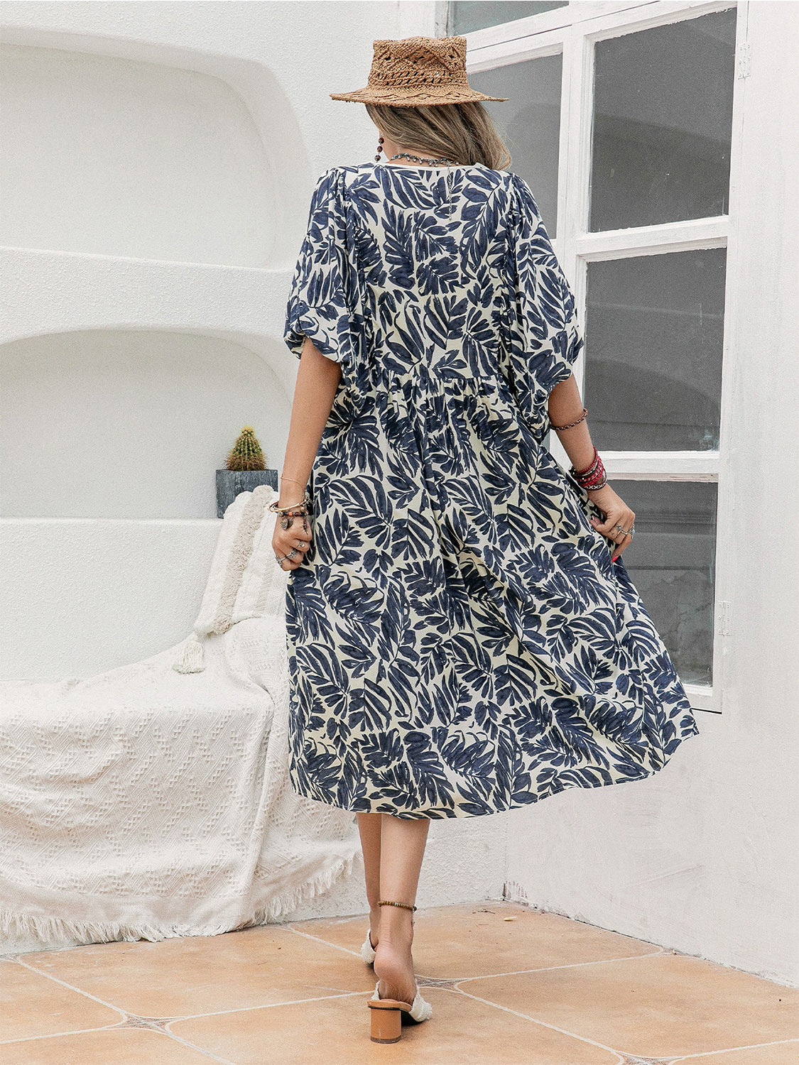 Printed Tie Neck Midi Dress-Angel Casuals