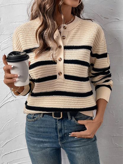 Perfee Striped Half Button Long Sleeve Sweater-Angel Casuals