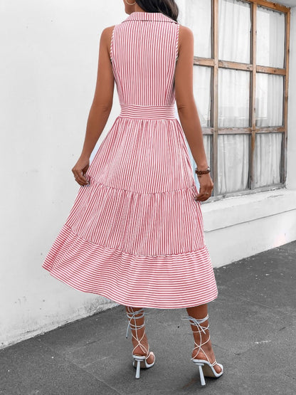 Striped Johnny Collar Sleeveless Midi Dress-Angel Casuals