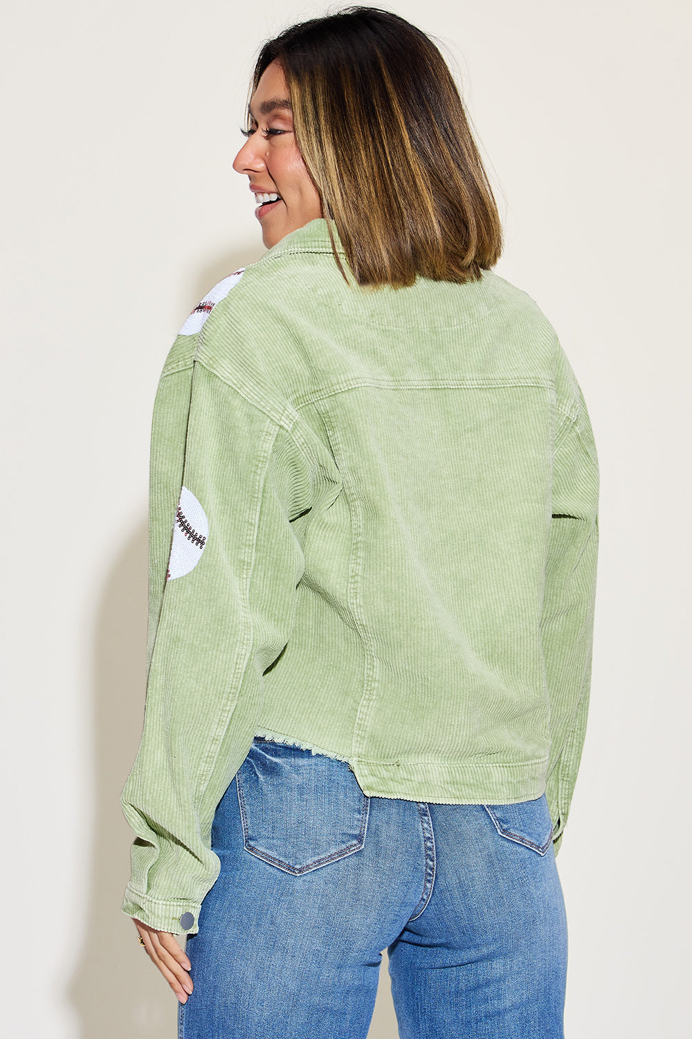 Baseball Sequin Dropped Shoulder Raw Hem Jacket-Angel Casuals