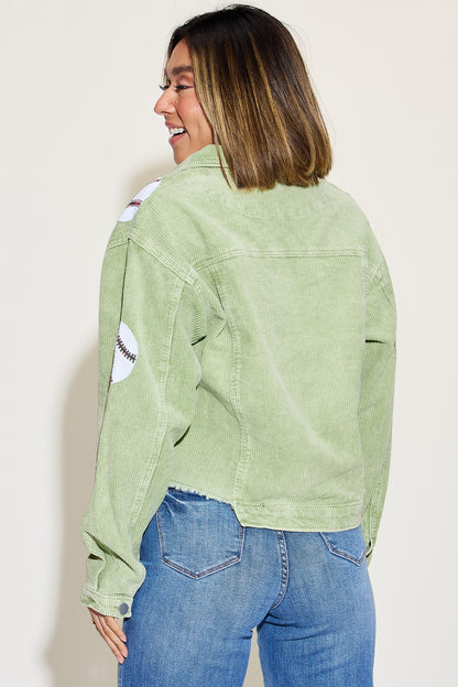 Baseball Sequin Dropped Shoulder Raw Hem Jacket-Angel Casuals