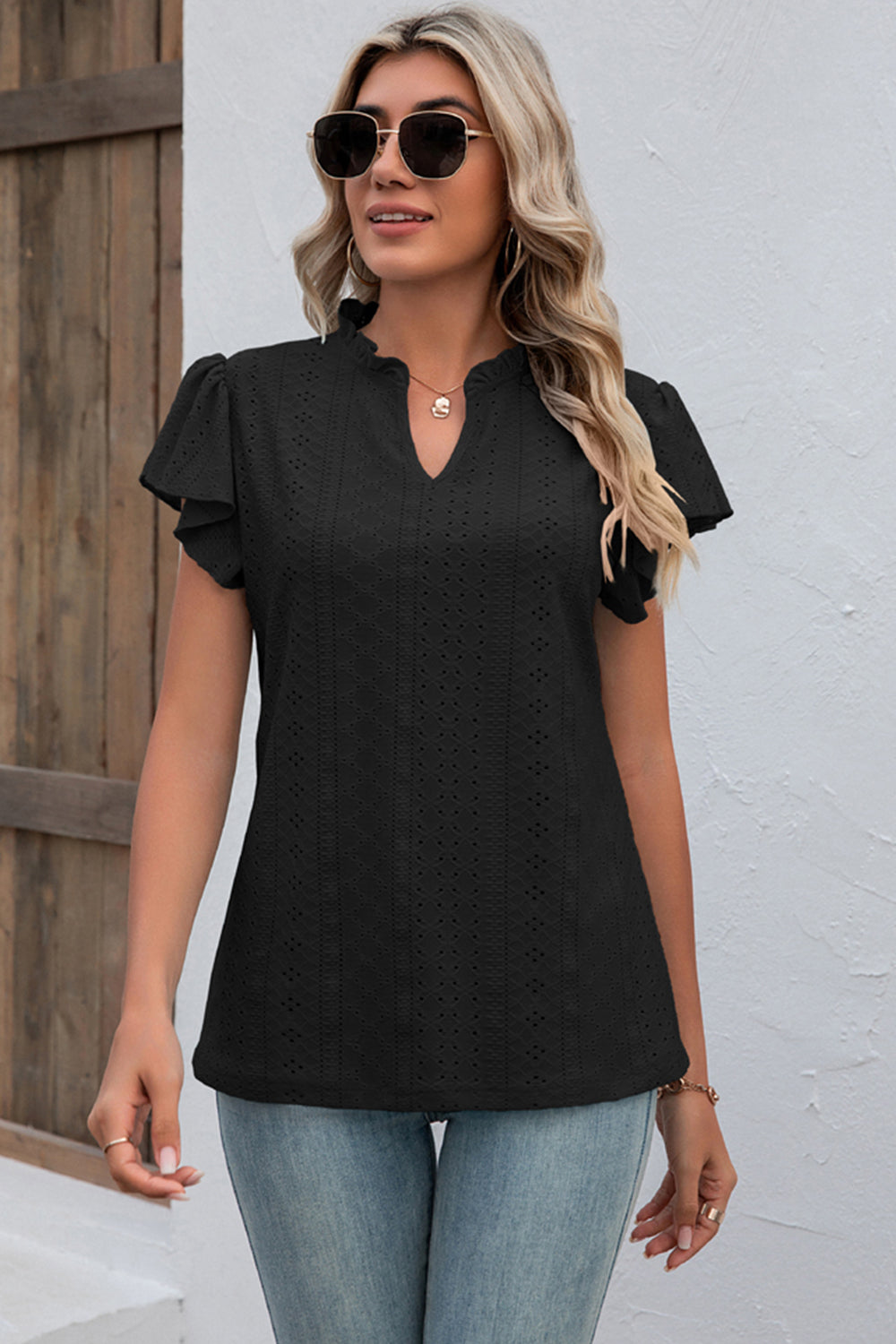 Eyelet Notched Flutter Sleeve T-Shirt-Angel Casuals