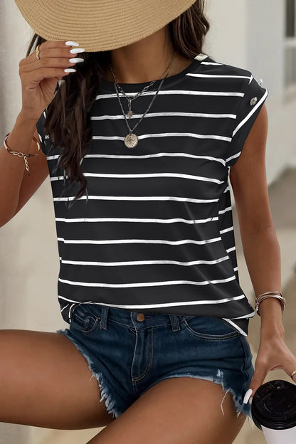 Decorative Button Round Neck T-Shirt-Angel Casuals