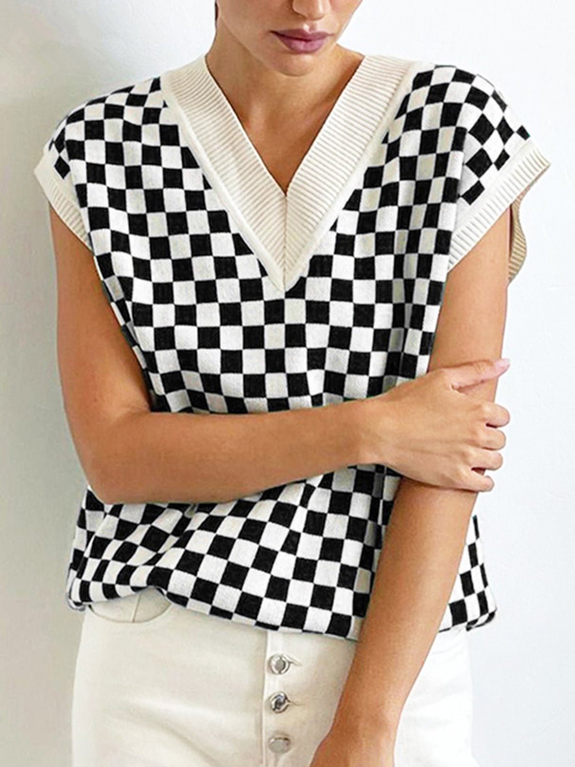 Full Size Checkered V-Neck Cap Sleeve Sweater-Angel Casuals